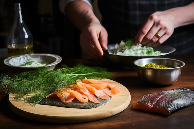 Mano colocando eneldo sobre un plato de pescado ahumado artesanal