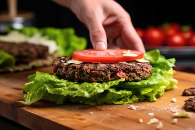 Mano colocando lechuga sobre hamburguesa a la parrilla