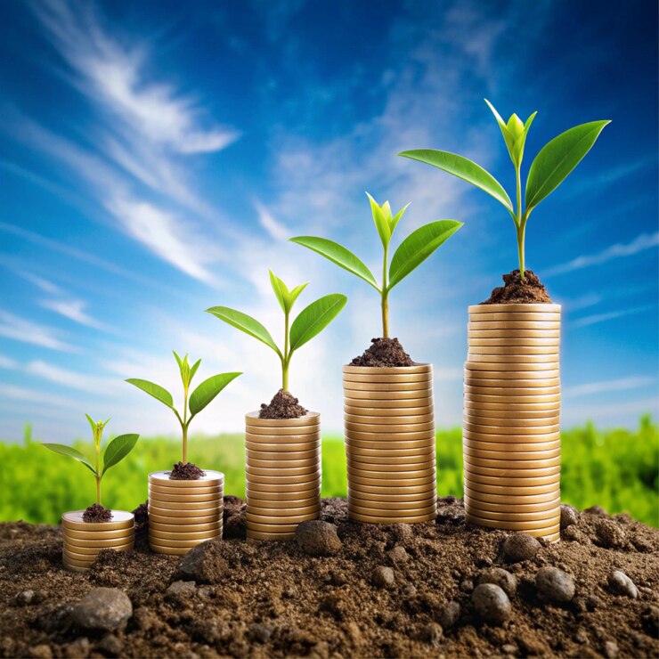 Una mano colocando pequeñas plantas en pilas de monedas que simbolizan el crecimiento y la inversión