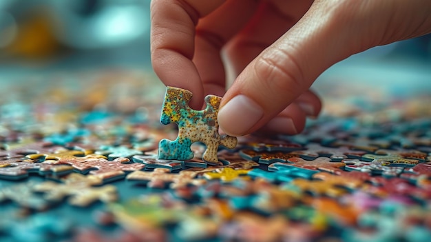 Foto la mano colocando la última pieza de un rompecabezas de colores