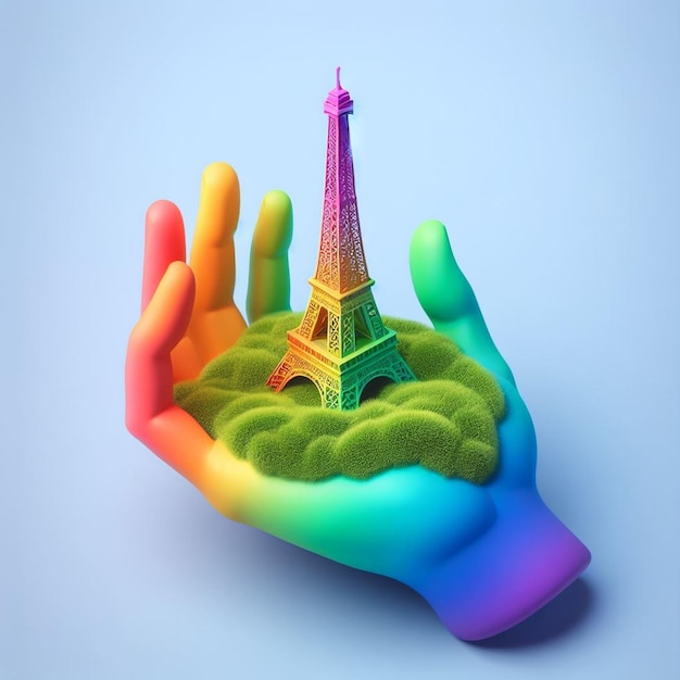 con la mano en la colorida torre Eiffel