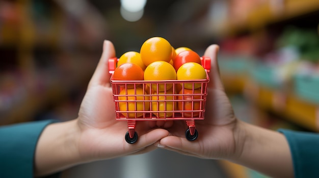 La mano del comprador sosteniendo una cesta de la compra.