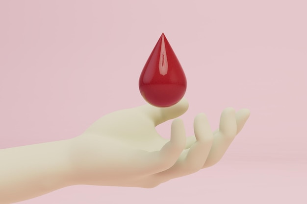 Mano de concepto de transfusión de sangre y una gota de sangre en un render 3d de fondo rosa