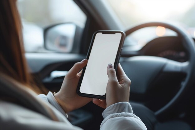 La mano del conductor de primer plano sostiene un teléfono inteligente con pantalla blanca