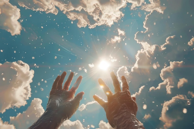 mano construyendo un cielo soleado con nubes blancas