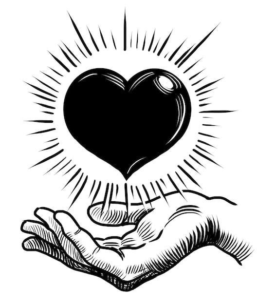 Mano y corazón humano Ilustración en blanco y negro dibujada a mano al estilo retro