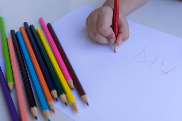 La mano cortada de una chica escribiendo en papel