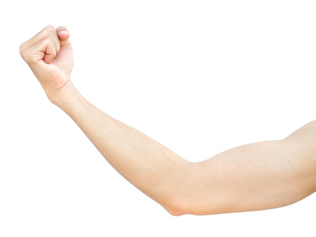 Foto mano cortada de un hombre flexionando los músculos contra un fondo blanco