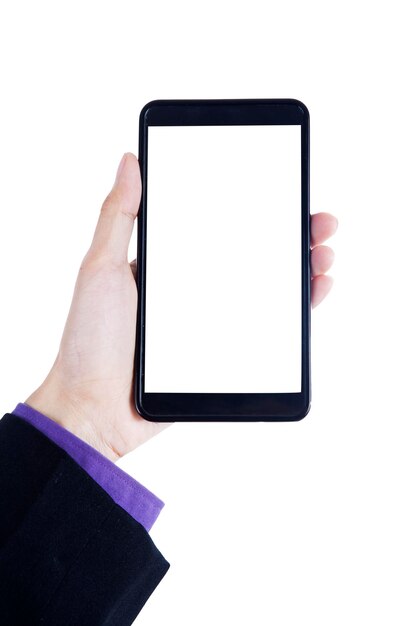 Mano cortada de un hombre de negocios usando un teléfono inteligente contra un fondo blanco