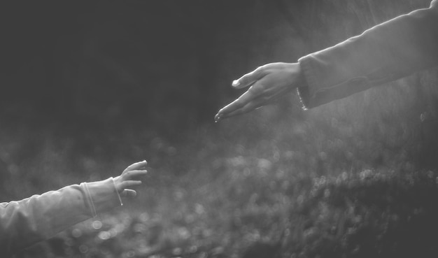 La mano cortada de la madre alcanzando a la hija en el parque