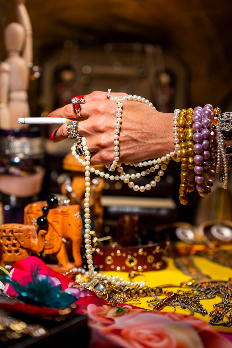 Foto mano cortada de una mujer con joyas sosteniendo un cigarrillo