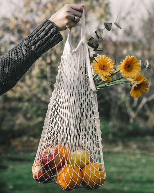 Mano cortada de mujer sosteniendo frutas en bolsa contra árboles