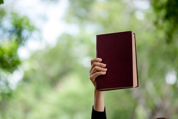 Mano cortada de una mujer sosteniendo un libro al aire libre