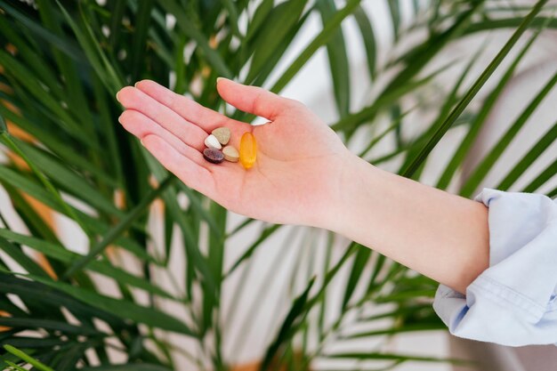 Mano cortada de una mujer sosteniendo una planta