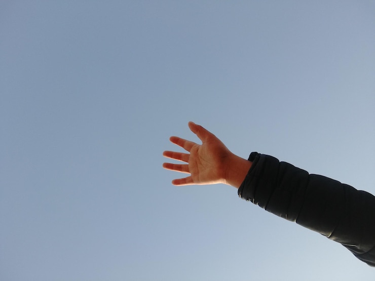 Foto mano cortada de una persona contra un cielo despejado