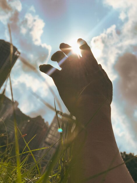 Foto mano cortada de una persona contra el cielo