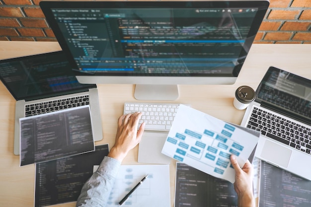 Foto mano cortada de un programador de computadoras trabajando en un escritorio de oficina