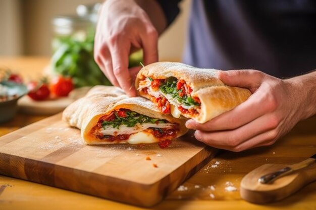 Una mano cortando un calzone caliente sobre una tabla de madera