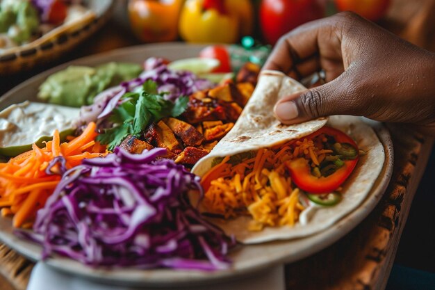 Foto la mano de la cosecha con tortilla sobre comida mexicana