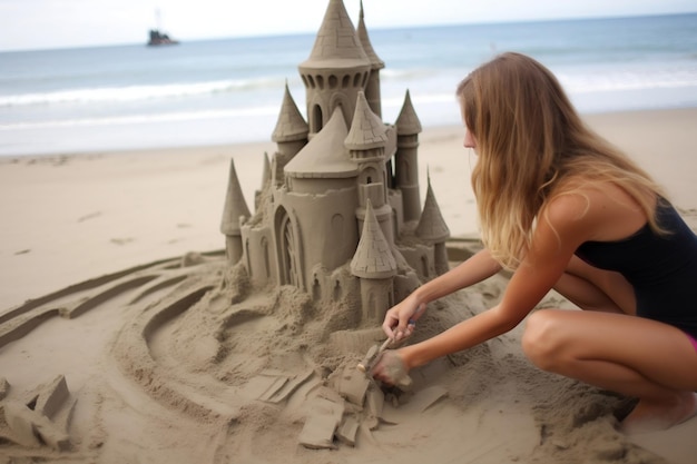 La mano creativa de una mujer construye un castillo de arena en la playa.