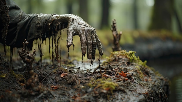 una mano cubierta de aceite y agua con un fondo verde