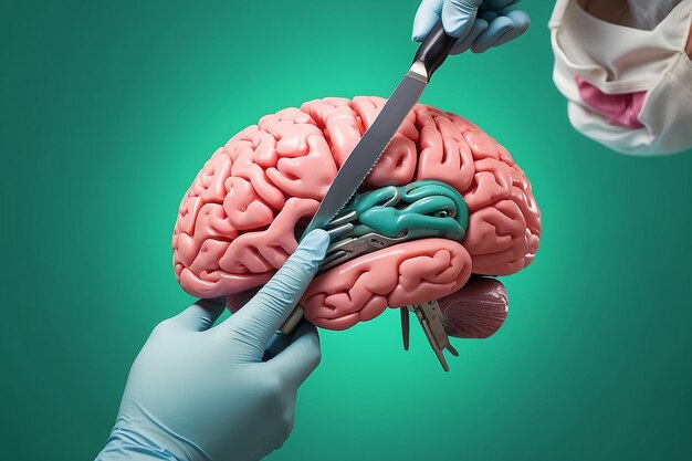 Foto la mano con el cuchillo quirúrgico disecciona el cerebro