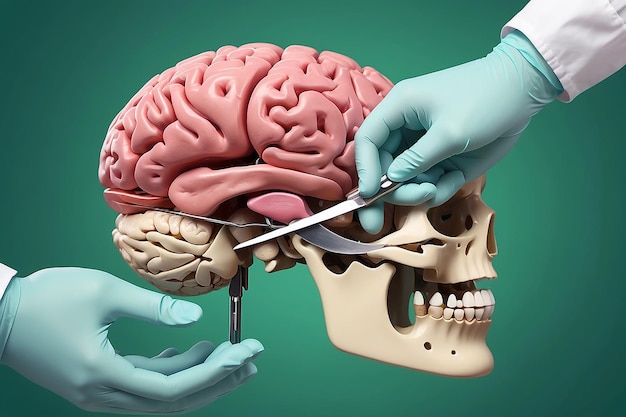 Foto la mano con el cuchillo quirúrgico disecciona el cerebro