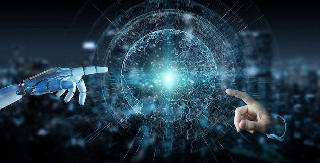 Mano cyborg blanca usando la interfaz 3D del planeta Tierra renderizado