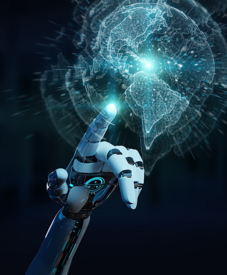 Mano cyborg blanca usando la interfaz planeta tierra