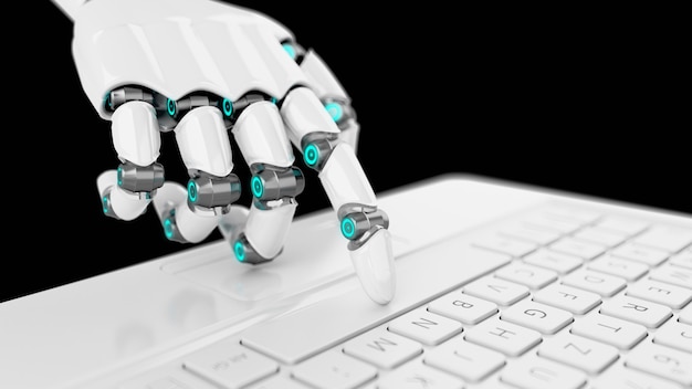 Mano de cyborg blanco futurista presionando una tecla en un teclado