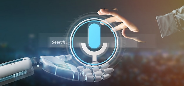 Mano de Cyborg que sostiene un sistema de búsqueda ocal con botón y representación 3d icono