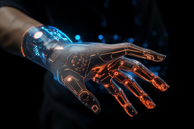 La mano de cyborg tocando una interfaz de realidad virtual w 00052 01