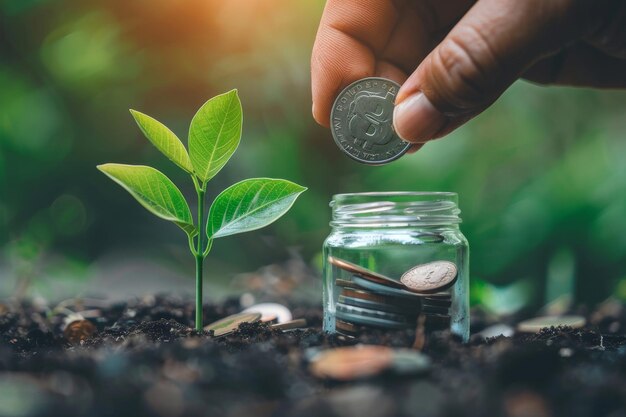 Una mano deposita un Bitcoin en un frasco de monedas junto a una joven planta próspera que ilustra la inversión y el crecimiento