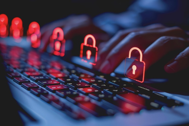 La mano descansando en la computadora portátil con el icono de candado digital por encima del teclado que es un símbolo de seguridad en línea