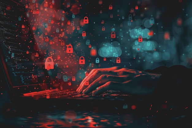 La mano descansando en la computadora portátil con el icono de candado digital por encima del teclado que es un símbolo de seguridad en línea