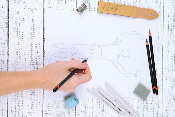 Foto mano dibuja un boceto con materiales de arte profesional en mesa de madera