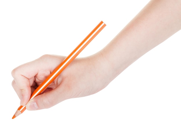 Mano dibuja con lápiz naranja de madera aislado