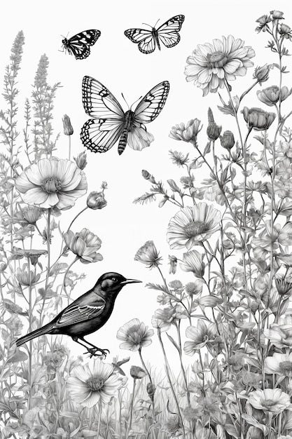 A mano dibujado en blanco y negro flores en flor mariposas pájaros en blanco