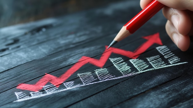 Una mano dibujando un gráfico de barras ascendente con un lápiz rojo en una pizarra oscura que simboliza el crecimiento y el éxito en los negocios o las finanzas