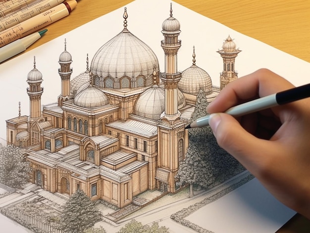 Una mano dibujando una mezquita con un lápiz