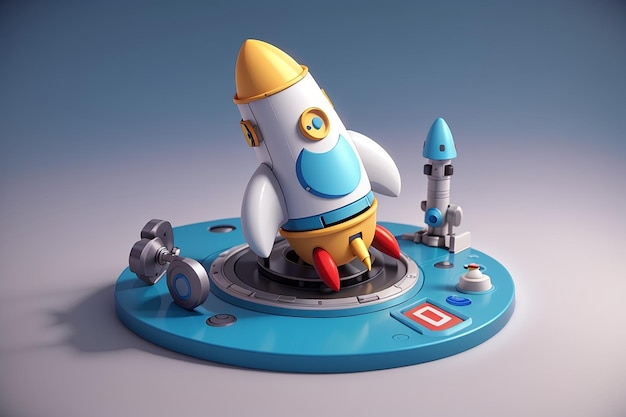 mano de dibujos animados 3D presiona el botón y lanza un cohete o nave espacial el concepto de una startupxa