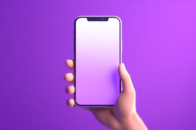 Mano de dibujos animados 3D que sostiene el teléfono inteligente aislado sobre fondo púrpura Mano usando maqueta de teléfono móvil 3d