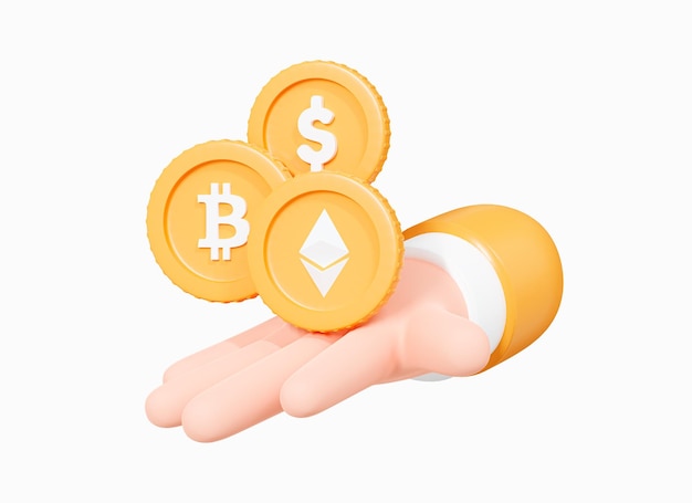 Mano de dibujos animados en 3D sosteniendo monedas de Bitcoin Ethereum y Dollar