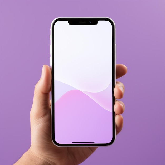 Mano de dibujos animados en 3D sosteniendo un teléfono inteligente con pantalla blanca aislada sobre fondo púrpura Mano usando mobil