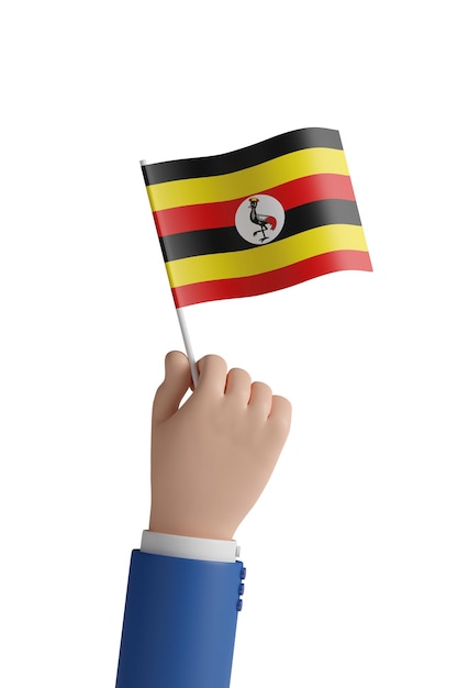 Mano de dibujos animados con la bandera de Uganda aislado sobre fondo blanco ilustración 3d