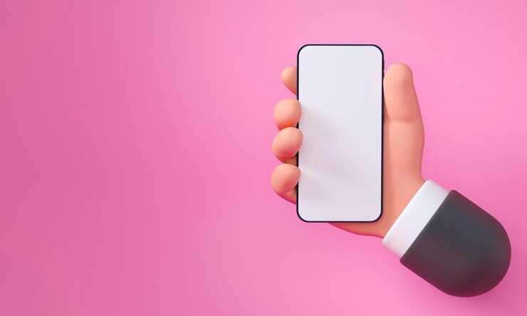 Mano de dibujos animados d sosteniendo teléfono inteligente aislado sobre fondo rosa mano usando maqueta de teléfono móvil d rende ...