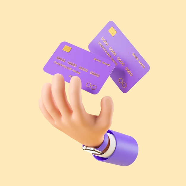 Foto mano de dibujos animados y dos tarjetas de crédito flotando en el aire el concepto de pago sin efectivo y pagos en línea renderización 3d