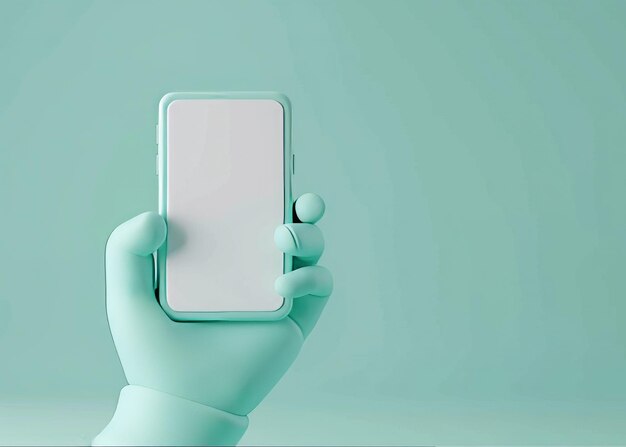 Foto mano de dibujos animados de estilo d sosteniendo un teléfono móvil con una pantalla blanca en blanco