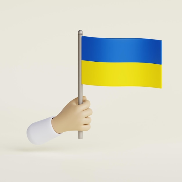 Foto mano de dibujos animados sosteniendo la bandera de ucrania ilustración 3d