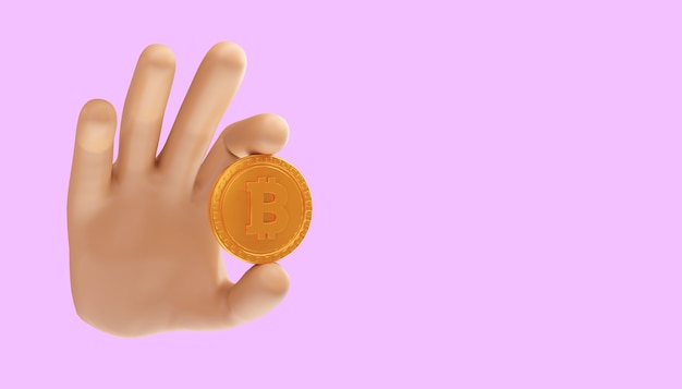 Mano de dibujos animados sosteniendo bitcoin 3D sobre un fondo aislado. Ilustración 3D. comercio de bitcoins